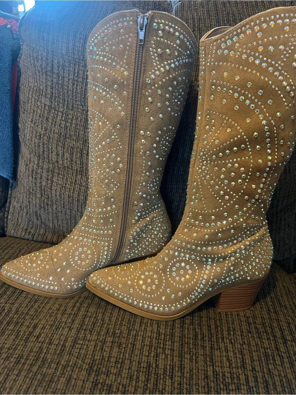 Windsor Tan Rhinestone-Studded Over-the-Knee Boots